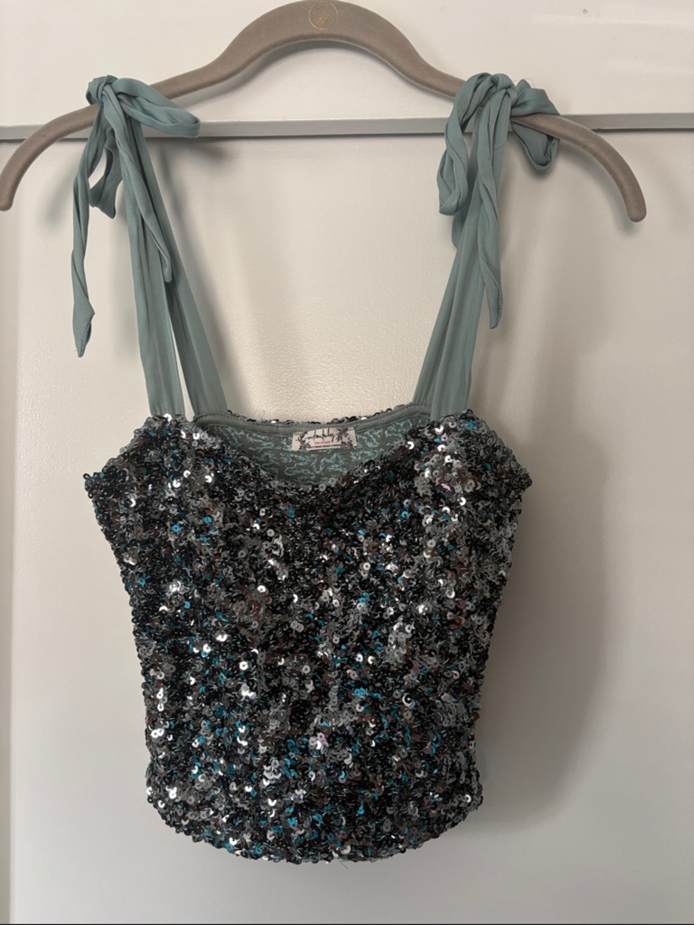 Free People Sequin Tie-Shoulder Camisole in Sage and Silver